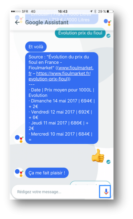Concrètement, seul le résultat affiché en Featured Snippet est présenté à l’utilisateur (sous forme de texte, ou à la voix) :
