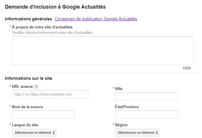 Formulaire Google pour être accepté dans Google News