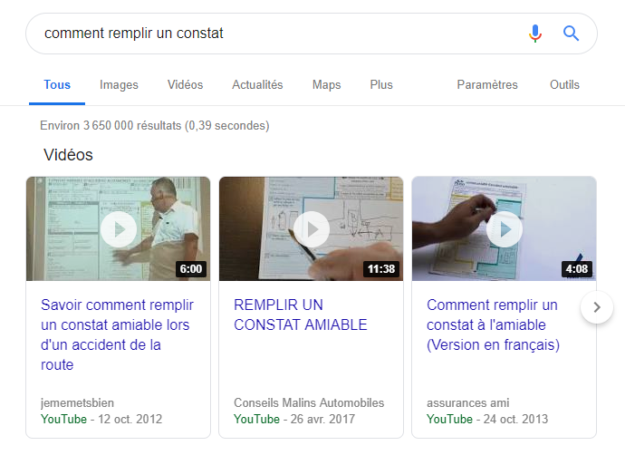 Aperçu d'un résultat de recherche sur Google.fr avec le carrousel vidéo