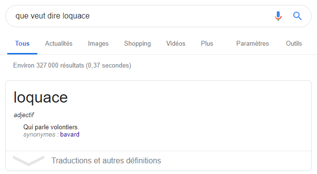 Aperçu d'un extrait optimisé en tête du résultats de recherche sur Google.fr