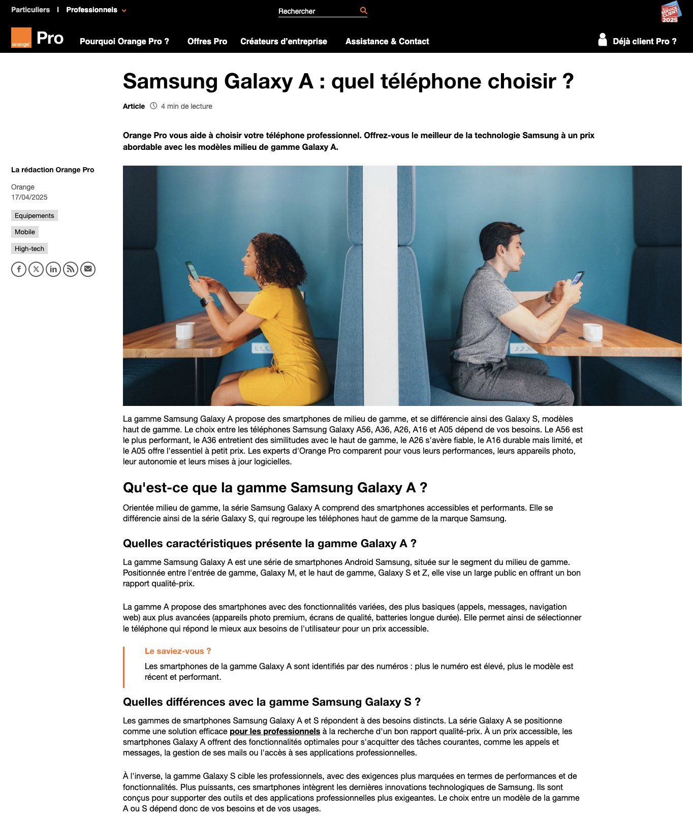 Samsung Galaxy A : quel téléphone choisir ? (Orange Pro)