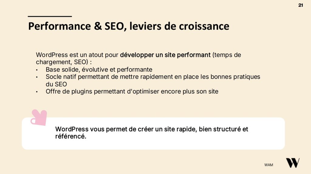 Slide Performance & SEO, leviers de croissance. WordPress vous permet de créer un site rapide, bien structuré et référencé.