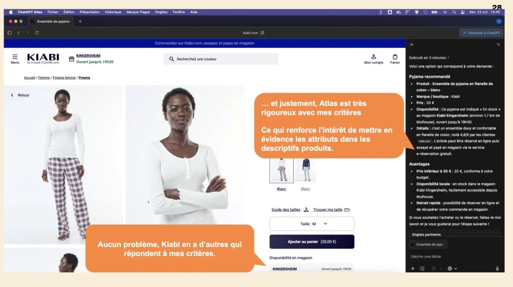 Capture d'écran du test de ChatGPT Atlas navigateur agentique d'OpenAI : l'agent effectue une recherche autonome de pyjama femme disponible en magasin près de Mulhouse, consulte le site Kiabi, gère le bandeau cookies, vérifie la disponibilité en magasin via le store-locator et sélectionne une alternative après rupture de stock"